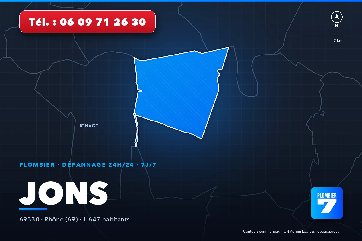 Plombier à Jons (69330) — zone d'intervention de Plombier 7, dépannage 24h/24 et 7j/7