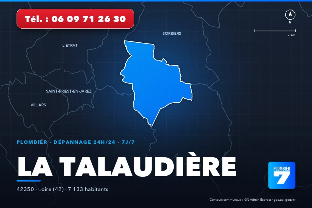 Plombier à La Talaudière (42350) — zone d'intervention de Plombier 7, dépannage 24h/24 et 7j/7
