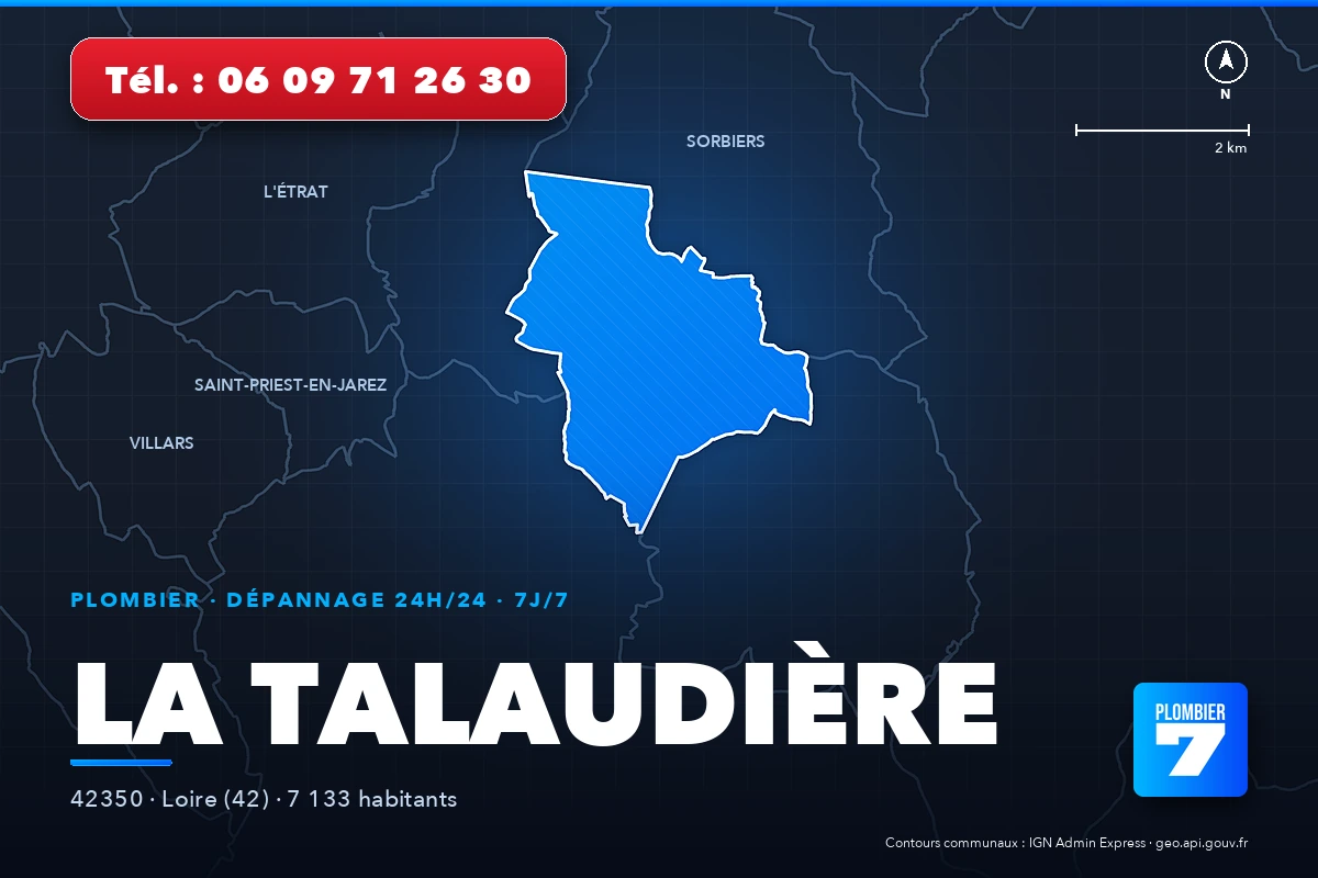 Plombier à La Talaudière (42350) — zone d'intervention de Plombier 7, dépannage 24h/24 et 7j/7