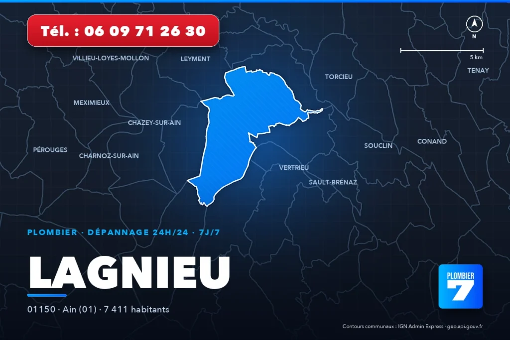 Plombier à Lagnieu (01150) — zone d'intervention de Plombier 7, dépannage 24h/24 et 7j/7