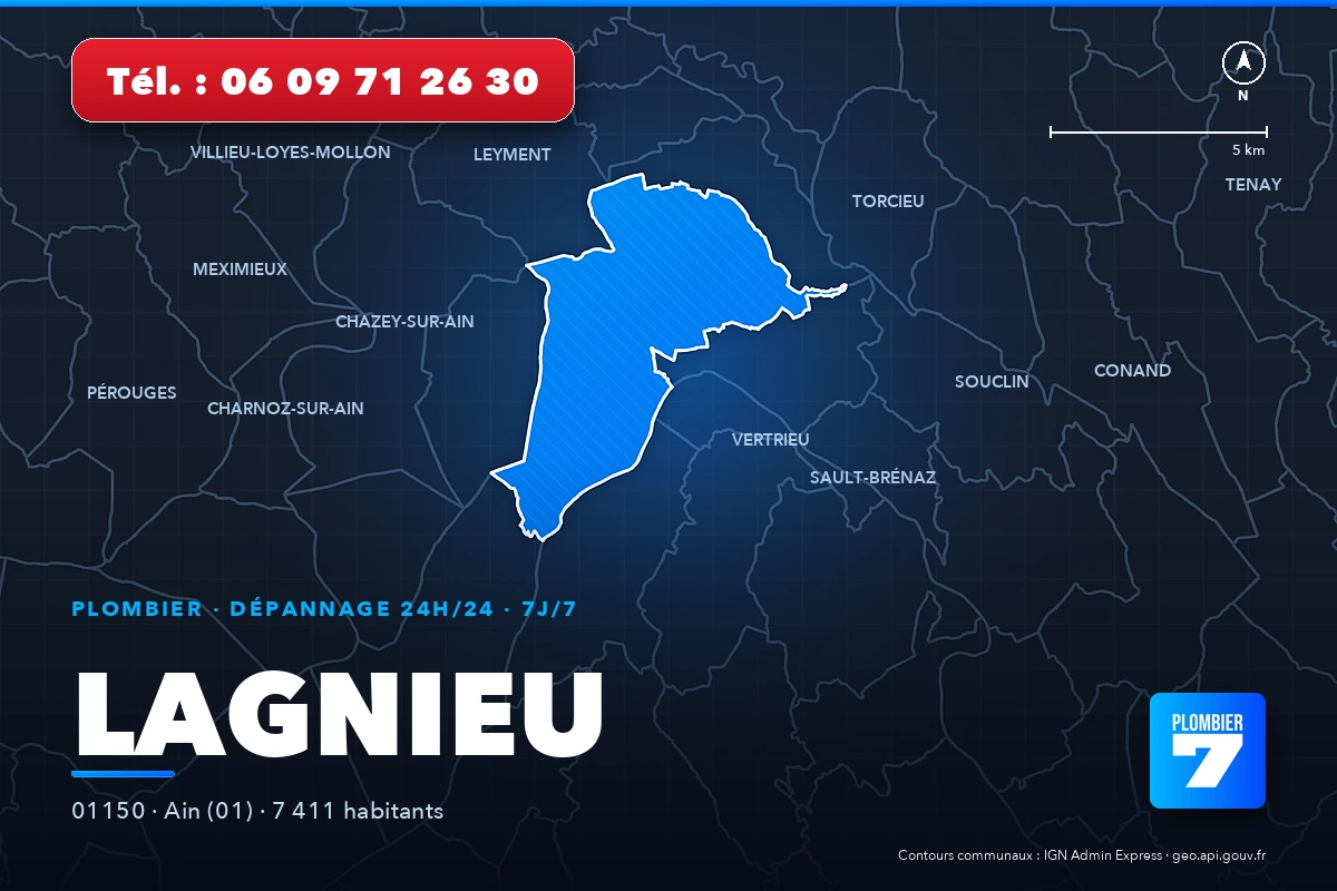 Plombier à Lagnieu (01150) — zone d'intervention de Plombier 7, dépannage 24h/24 et 7j/7