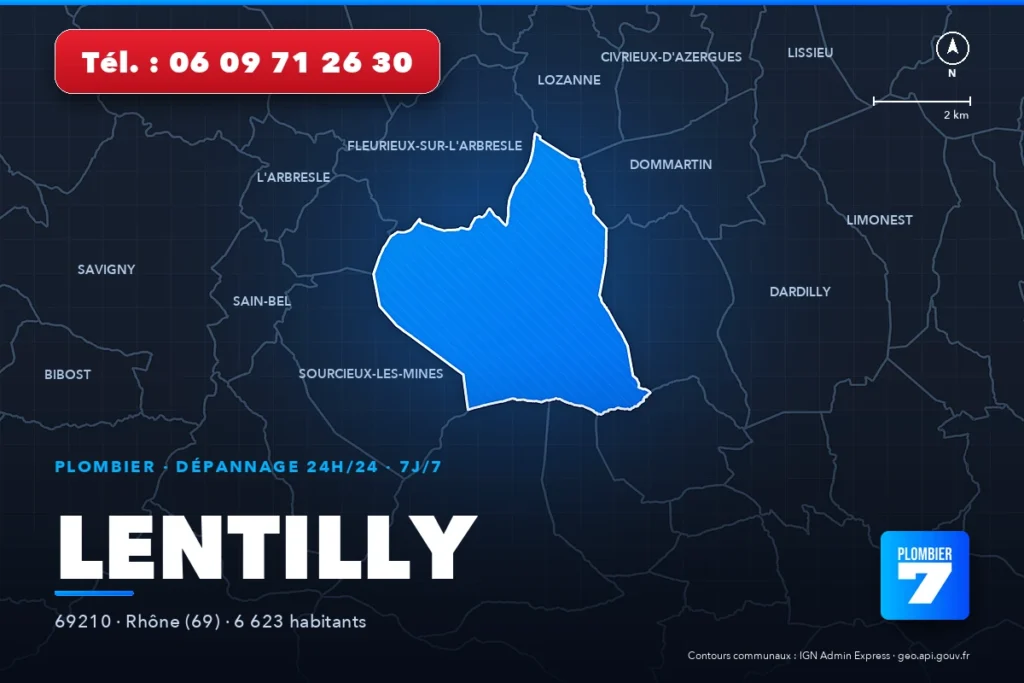 Plombier à Lentilly (69210) — zone d'intervention de Plombier 7, dépannage 24h/24 et 7j/7