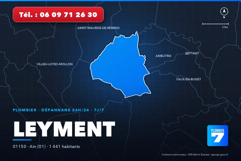 Plombier à Leyment (01150) — zone d'intervention de Plombier 7, dépannage 24h/24 et 7j/7