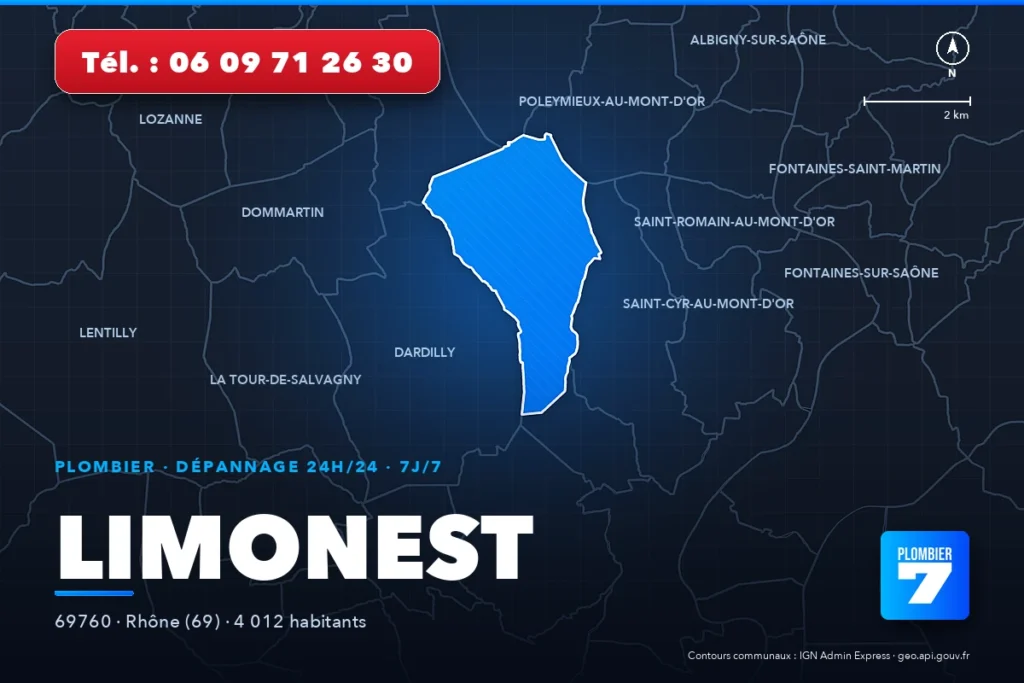 Plombier à Limonest (69760) — zone d'intervention de Plombier 7, dépannage 24h/24 et 7j/7