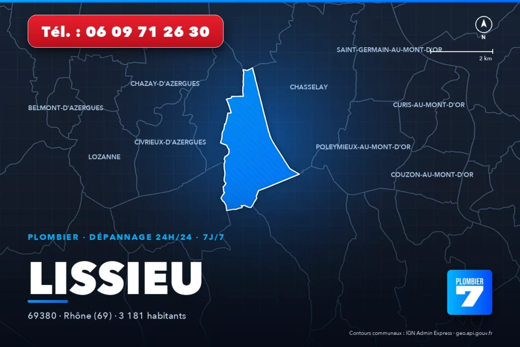 Plombier à Lissieu (69380) — zone d'intervention de Plombier 7, dépannage 24h/24 et 7j/7
