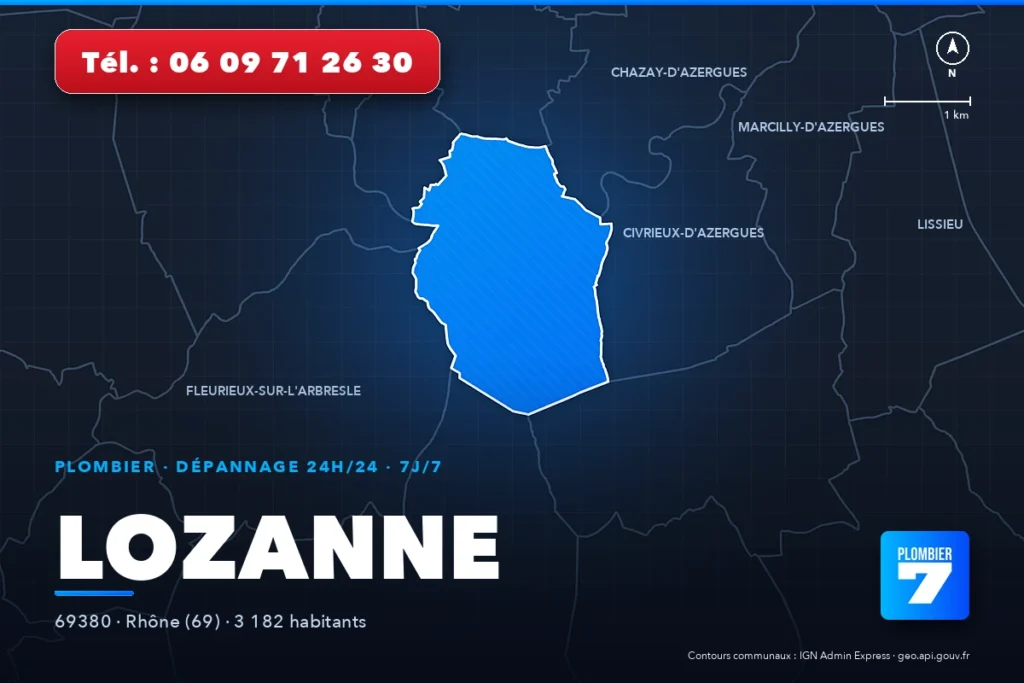 Plombier à Lozanne (69380) — zone d'intervention de Plombier 7, dépannage 24h/24 et 7j/7