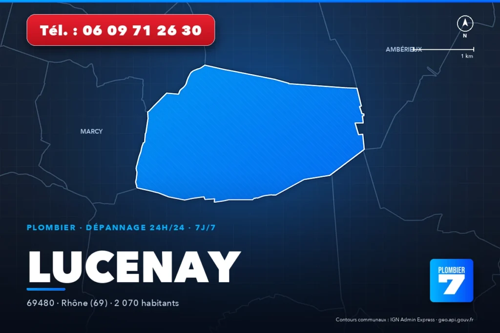 Plombier à Lucenay (69480) — zone d'intervention de Plombier 7, dépannage 24h/24 et 7j/7