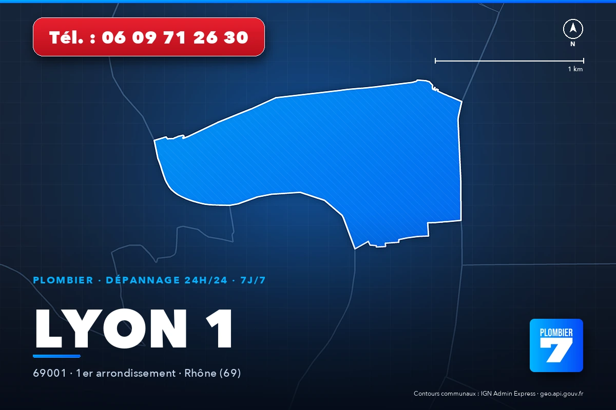 Plombier à Lyon 1 (69001) — zone d'intervention de Plombier 7, dépannage 24h/24 et 7j/7