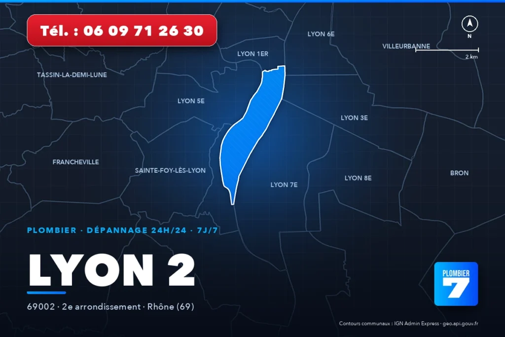Plombier à Lyon 2 (69002) — zone d'intervention de Plombier 7, dépannage 24h/24 et 7j/7