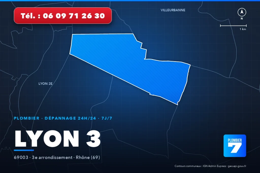 Plombier à Lyon 3 (69003) — zone d'intervention de Plombier 7, dépannage 24h/24 et 7j/7