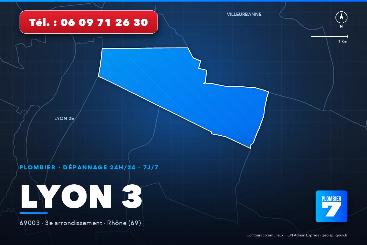 Plombier à Lyon 3 (69003) — zone d'intervention de Plombier 7, dépannage 24h/24 et 7j/7