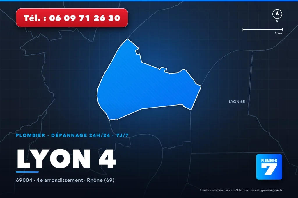 Plombier à Lyon 4 (69004) — zone d'intervention de Plombier 7, dépannage 24h/24 et 7j/7