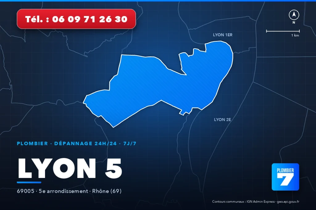 Plombier à Lyon 5 (69005) — zone d'intervention de Plombier 7, dépannage 24h/24 et 7j/7