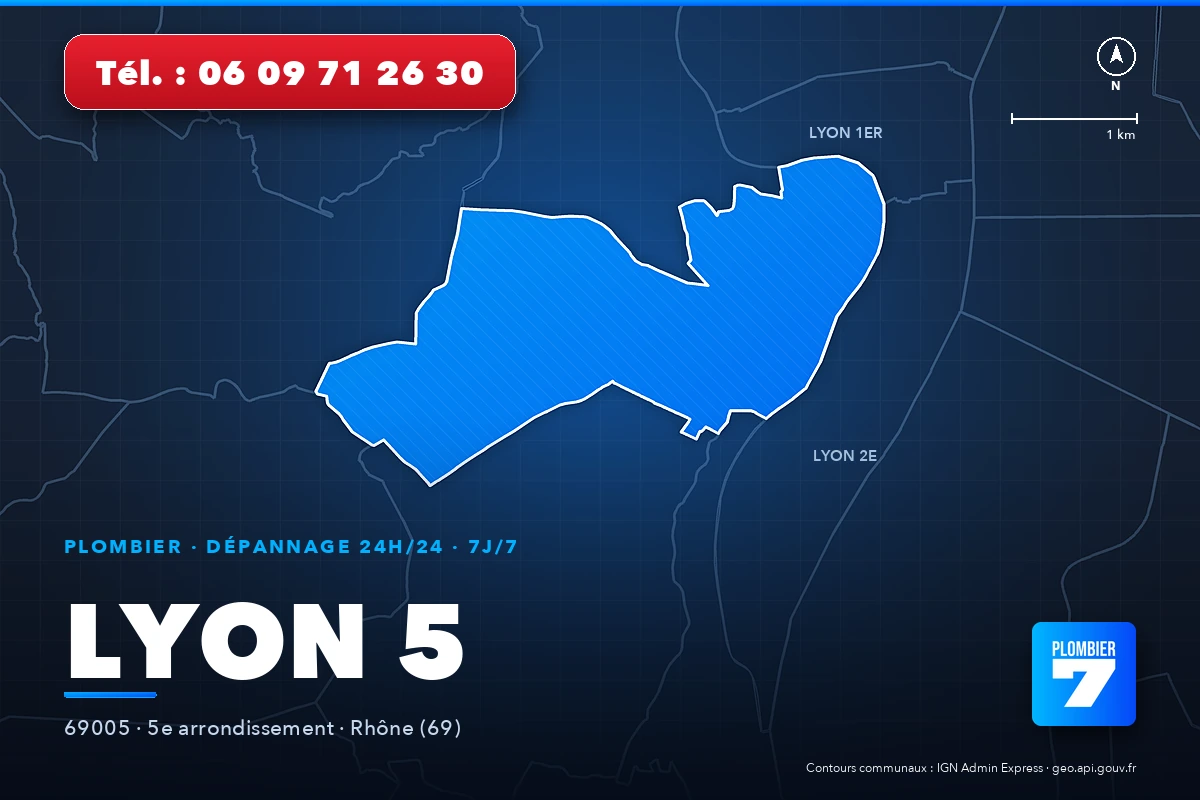 Plombier à Lyon 5 (69005) — zone d'intervention de Plombier 7, dépannage 24h/24 et 7j/7