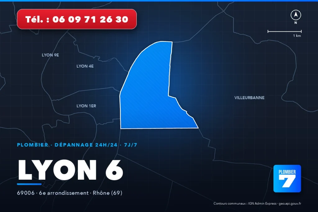 Plombier à Lyon 6 (69006) — zone d'intervention de Plombier 7, dépannage 24h/24 et 7j/7