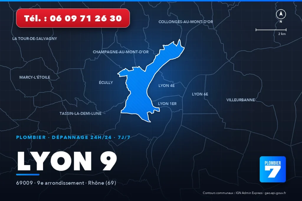 Plombier à Lyon 9 (69009) — zone d'intervention de Plombier 7, dépannage 24h/24 et 7j/7