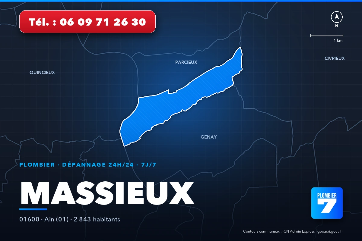 Plombier à Massieux (01600) — zone d'intervention de Plombier 7, dépannage 24h/24 et 7j/7