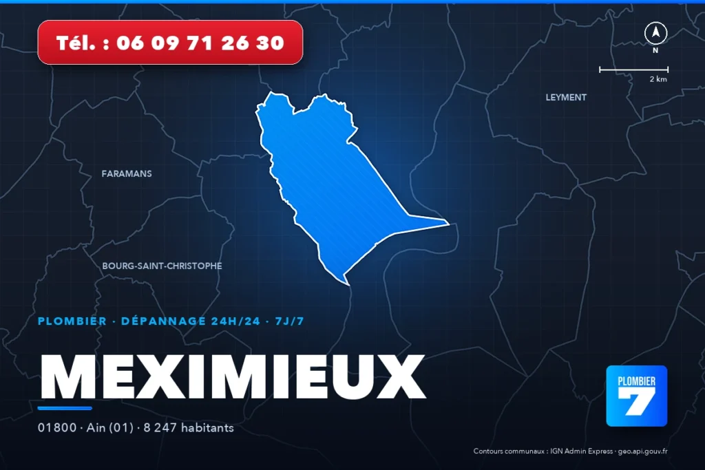 Plombier à Meximieux (01800) — zone d'intervention de Plombier 7, dépannage 24h/24 et 7j/7
