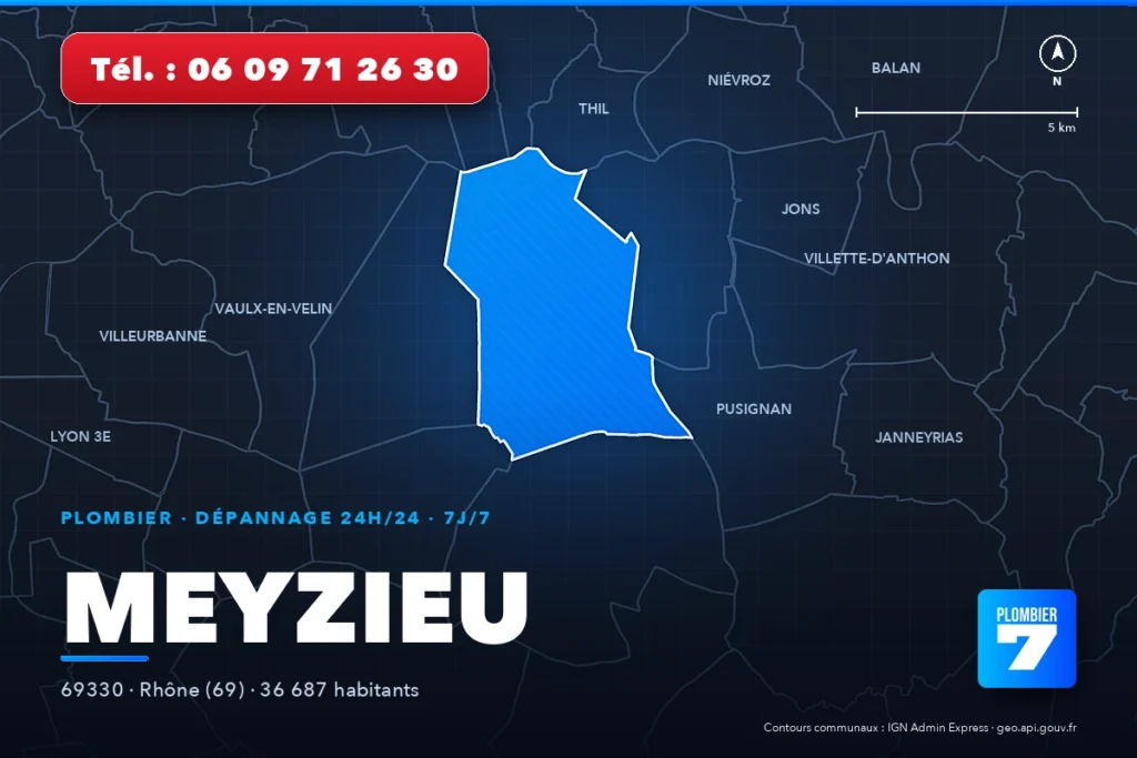 Plombier à Meyzieu (69330) — zone d'intervention de Plombier 7, dépannage 24h/24 et 7j/7