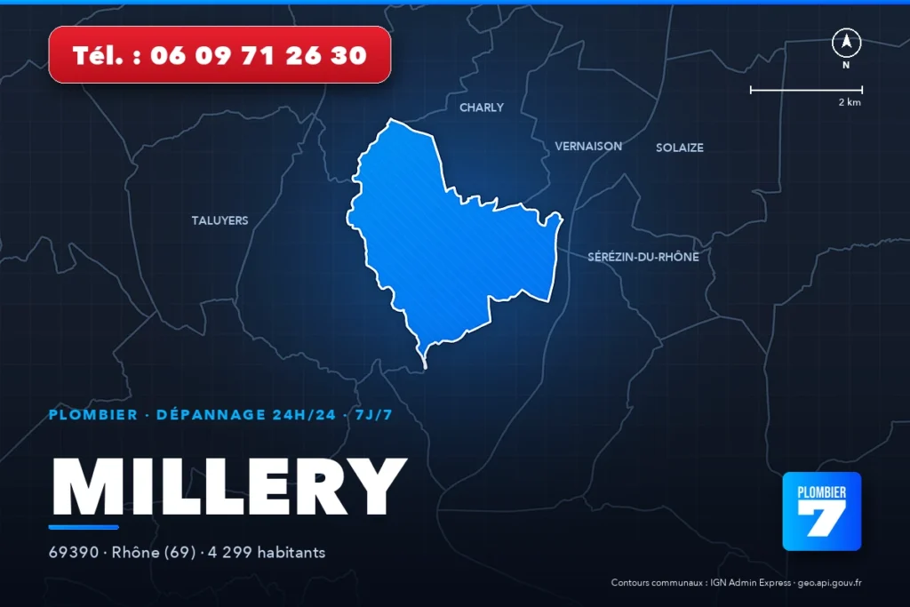 Plombier à Millery (69390) — zone d'intervention de Plombier 7, dépannage 24h/24 et 7j/7
