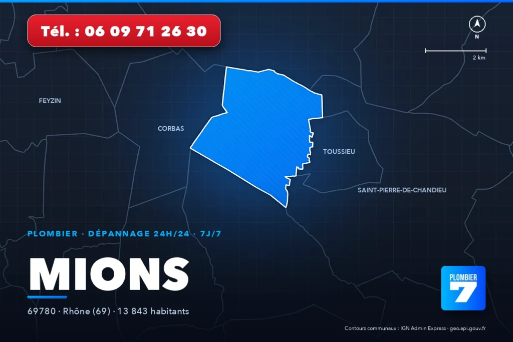 Plombier à Mions (69780) — zone d'intervention de Plombier 7, dépannage 24h/24 et 7j/7