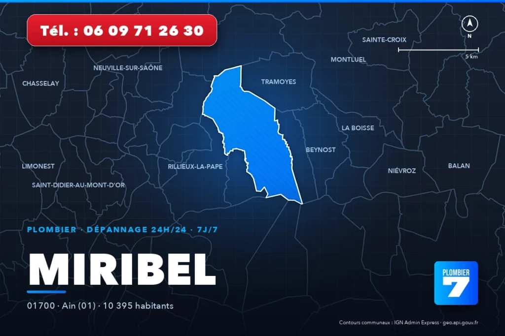 Plombier à Miribel (01700) — zone d'intervention de Plombier 7, dépannage 24h/24 et 7j/7