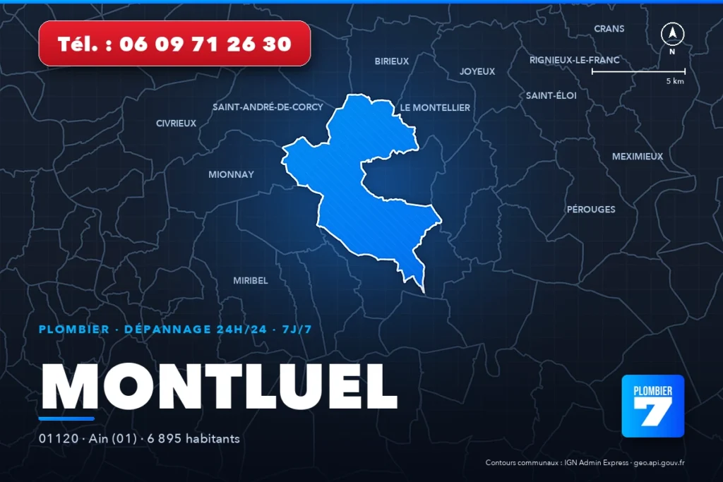 Plombier à Montluel (01120) — zone d'intervention de Plombier 7, dépannage 24h/24 et 7j/7