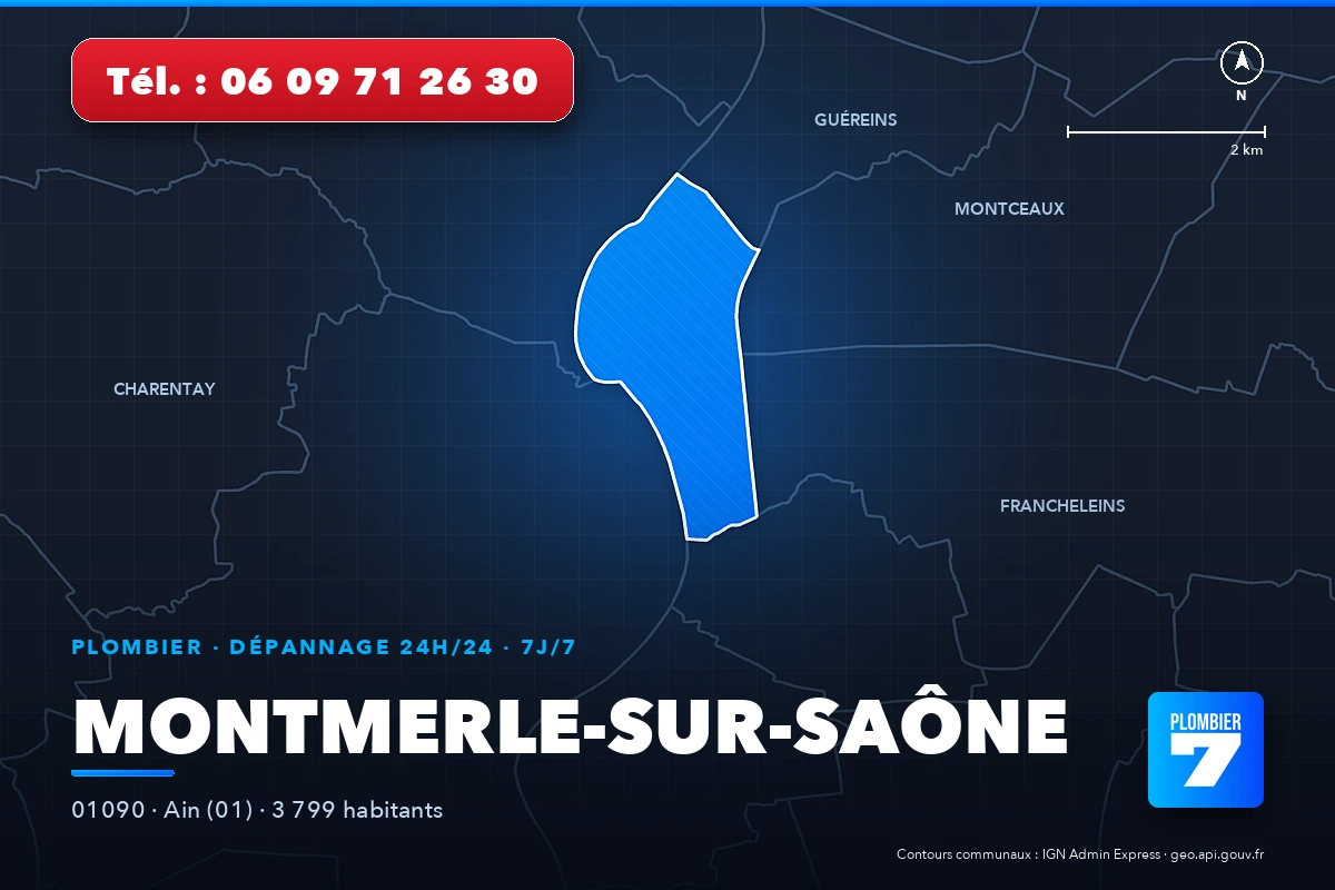 Plombier à Montmerle-sur-Saône (01090) — zone d'intervention de Plombier 7, dépannage 24h/24 et 7j/7