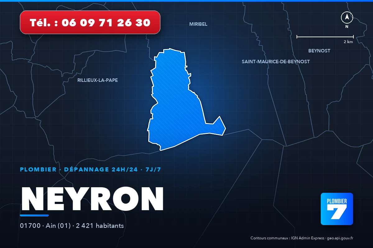 Plombier à Neyron (01700) — zone d'intervention de Plombier 7, dépannage 24h/24 et 7j/7