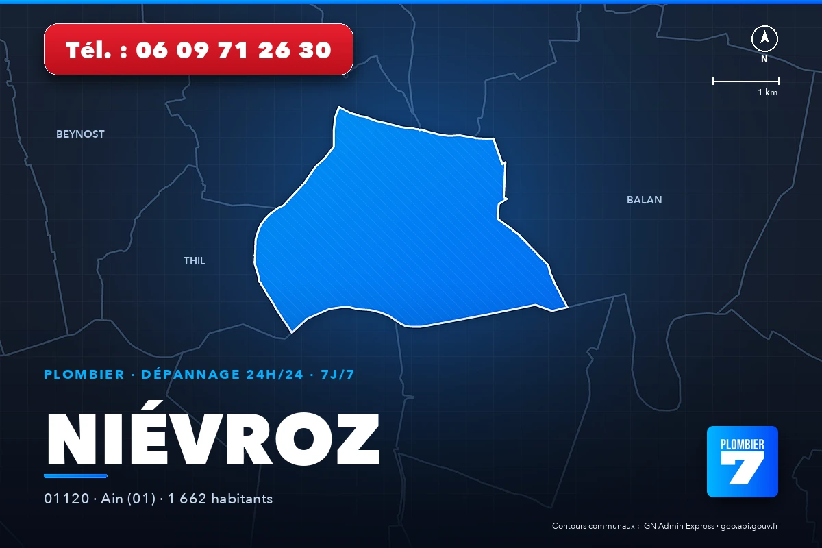 Plombier à Niévroz (01120) — zone d'intervention de Plombier 7, dépannage 24h/24 et 7j/7