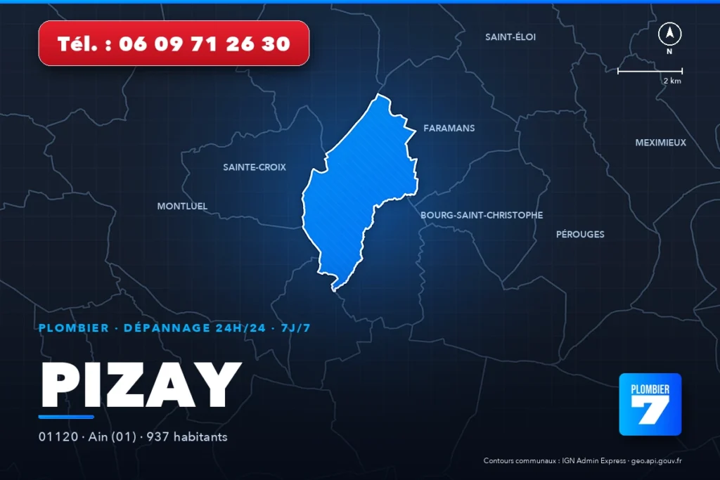 Plombier à Pizay (01120) — zone d'intervention de Plombier 7, dépannage 24h/24 et 7j/7