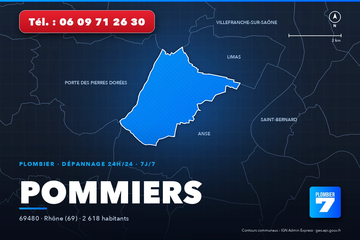 Plombier à Pommiers (69480) — zone d'intervention de Plombier 7, dépannage 24h/24 et 7j/7