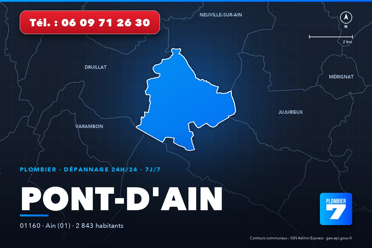 Plombier à Pont-d'Ain (01160) — zone d'intervention de Plombier 7, dépannage 24h/24 et 7j/7
