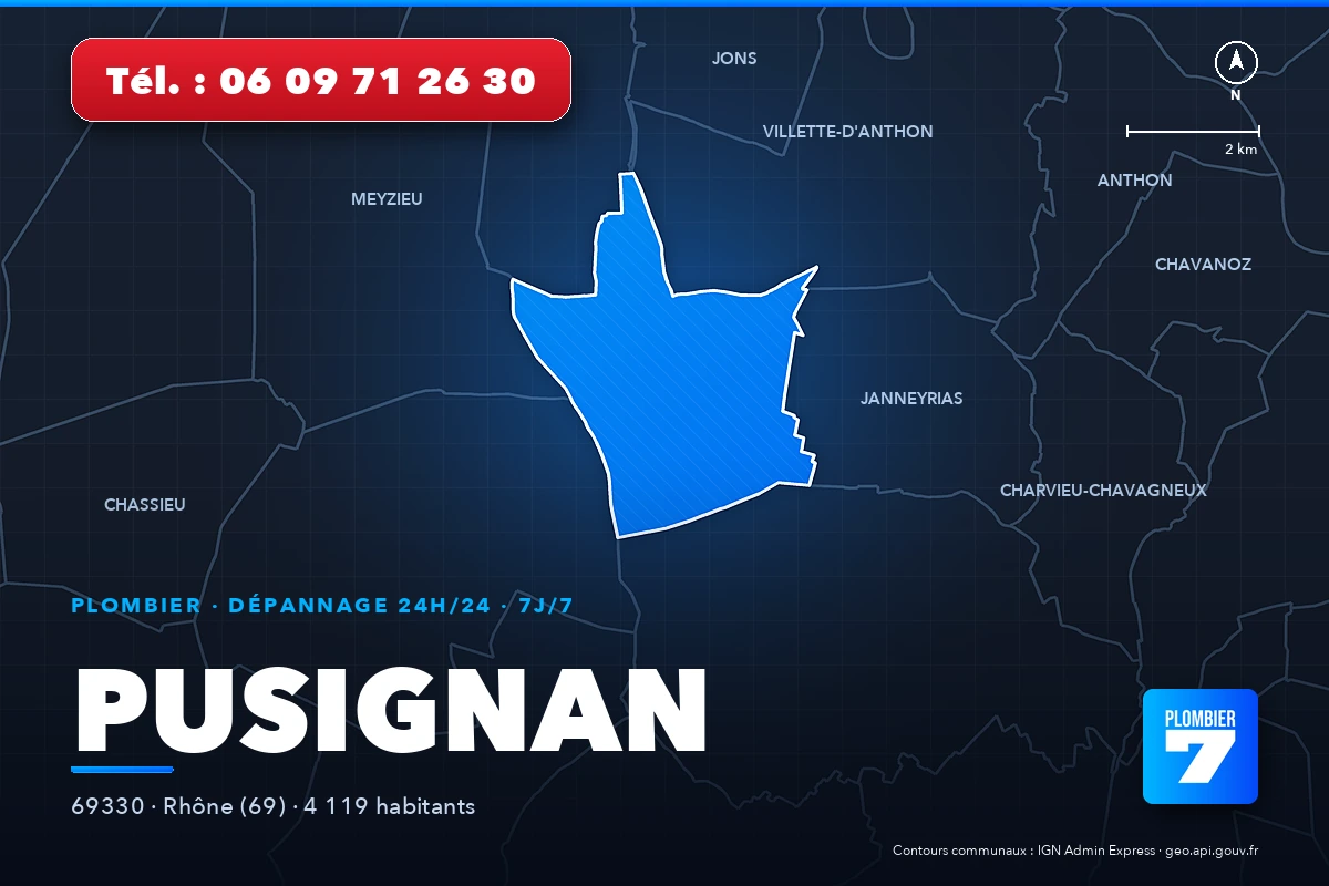 Plombier à Pusignan (69330) — zone d'intervention de Plombier 7, dépannage 24h/24 et 7j/7