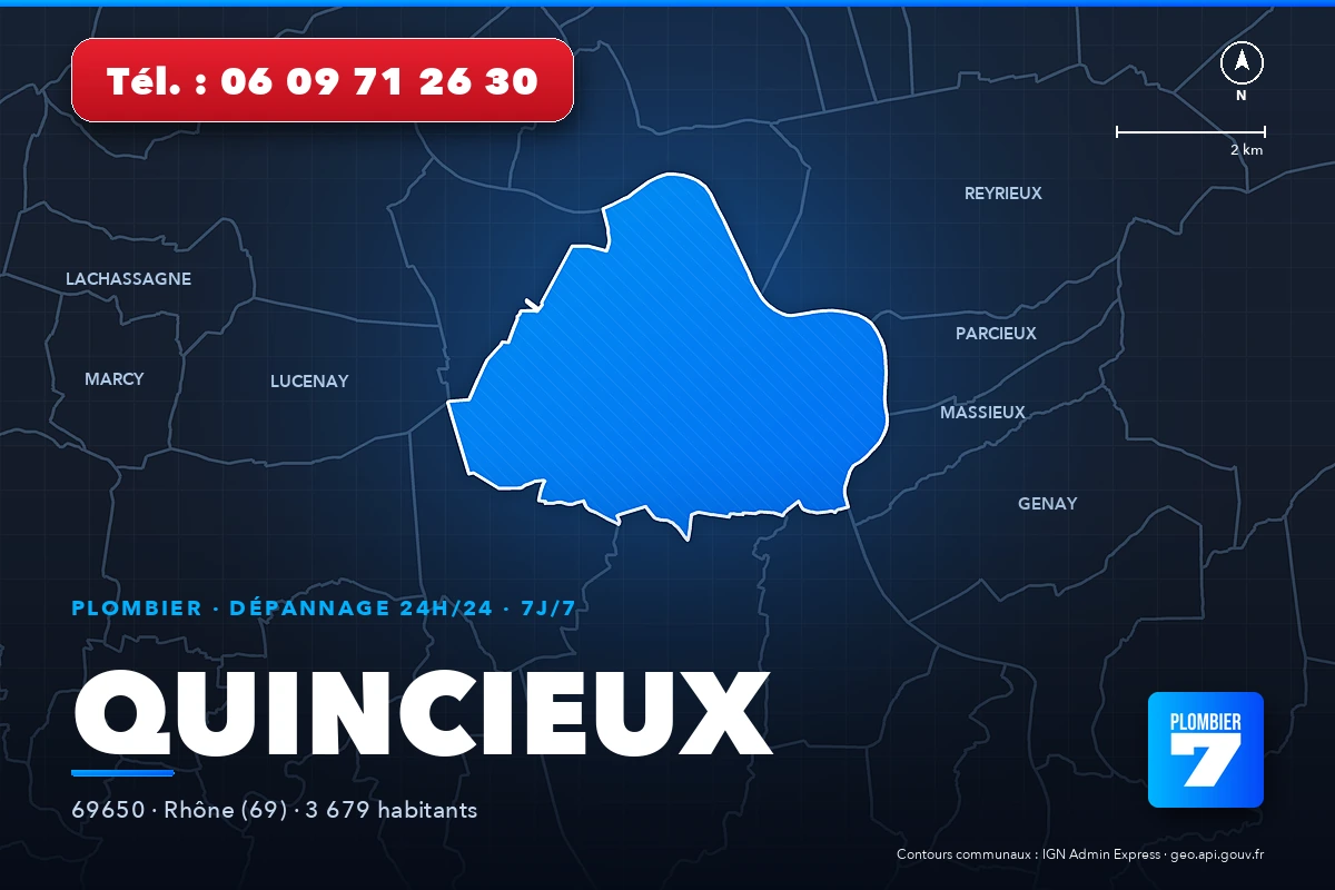 Plombier à Quincieux (69650) — zone d'intervention de Plombier 7, dépannage 24h/24 et 7j/7