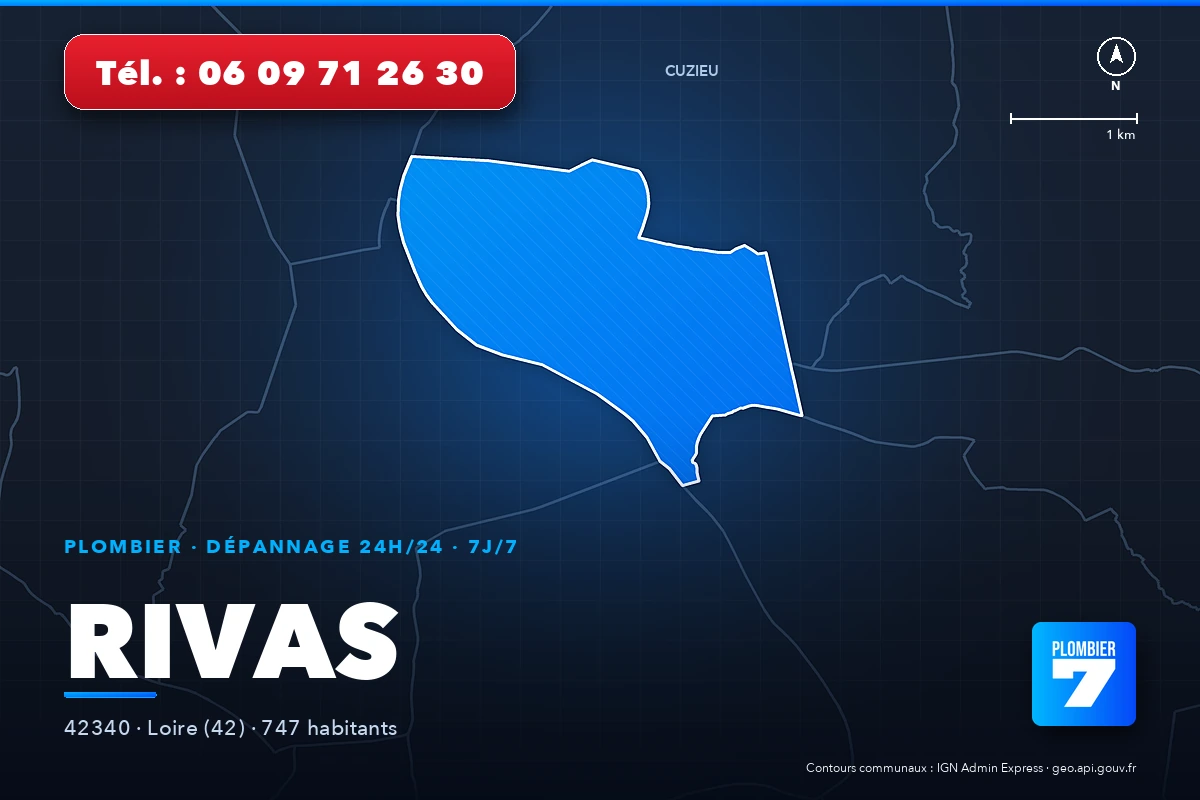Plombier à Rivas (42340) — zone d'intervention de Plombier 7, dépannage 24h/24 et 7j/7