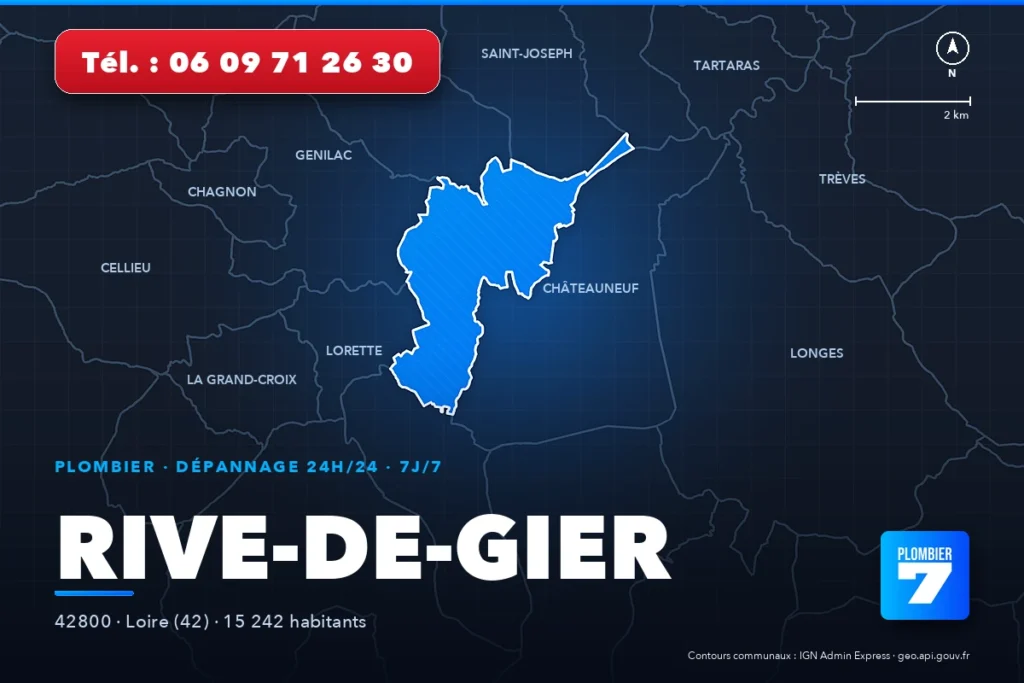 Plombier à Rive-de-Gier (42800) — zone d'intervention de Plombier 7, dépannage 24h/24 et 7j/7