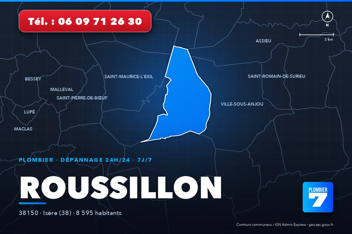 Plombier à Roussillon (38150) — zone d'intervention de Plombier 7, dépannage 24h/24 et 7j/7