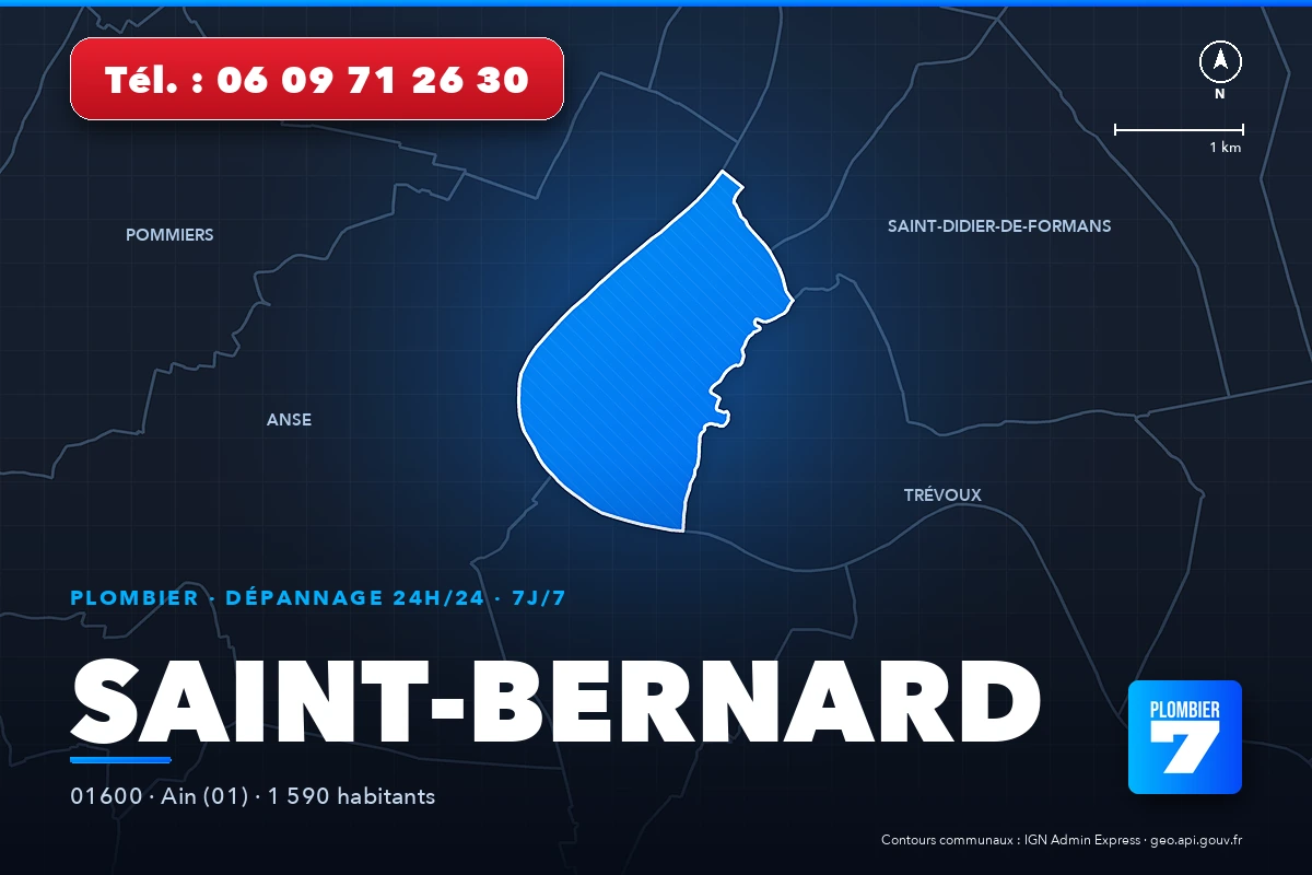 Plombier à Saint-Bernard (01600) — zone d'intervention de Plombier 7, dépannage 24h/24 et 7j/7