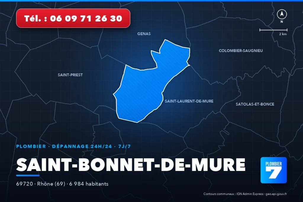 Plombier à Saint-Bonnet-de-Mure (69720) — zone d'intervention de Plombier 7, dépannage 24h/24 et 7j/7