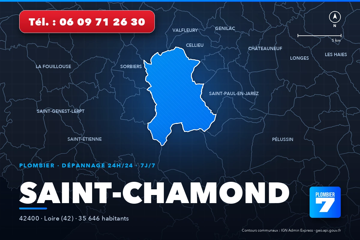 Plombier à Saint-Chamond (42400) — zone d'intervention de Plombier 7, dépannage 24h/24 et 7j/7