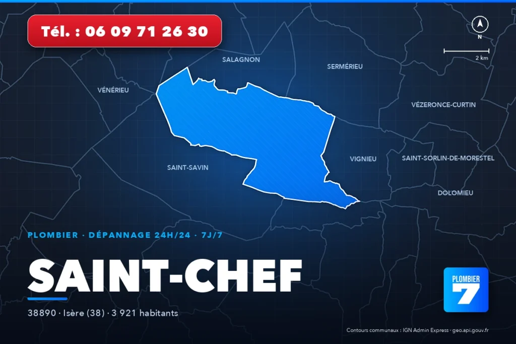 Plombier à Saint-Chef (38890) — zone d'intervention de Plombier 7, dépannage 24h/24 et 7j/7