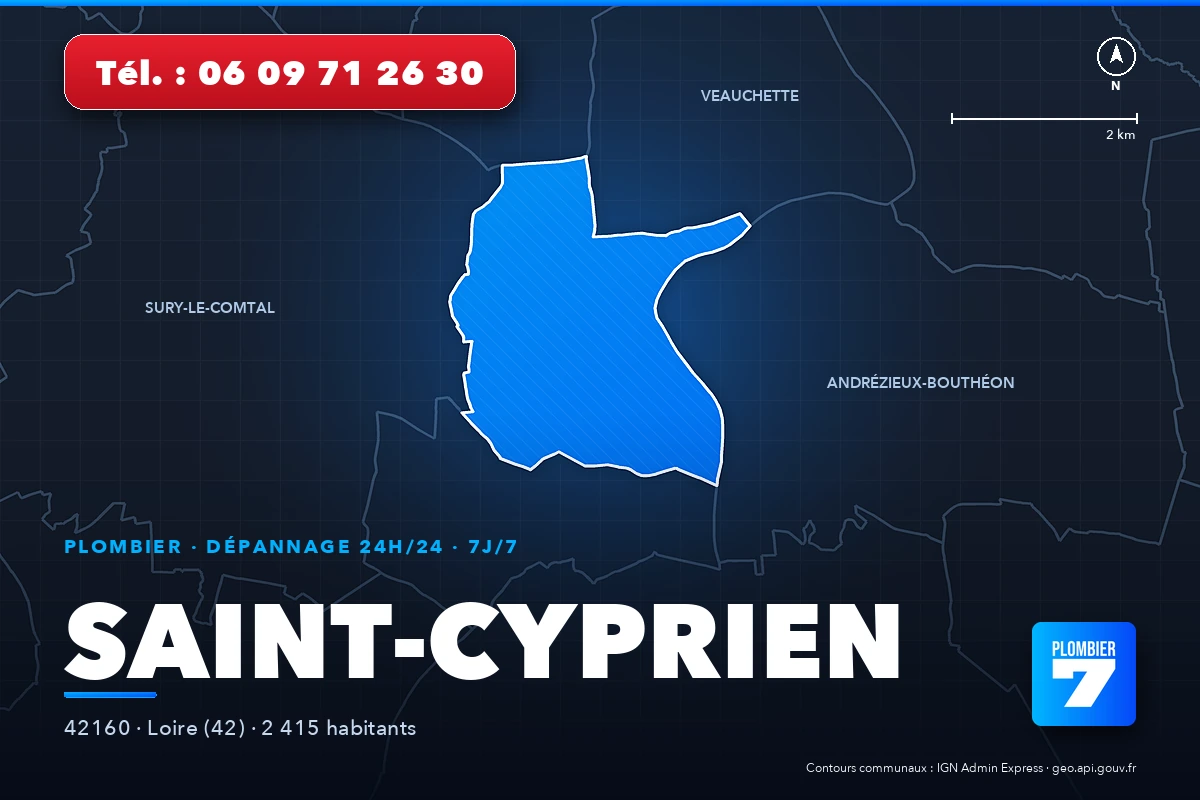 Plombier à Saint-Cyprien (42160) — zone d'intervention de Plombier 7, dépannage 24h/24 et 7j/7