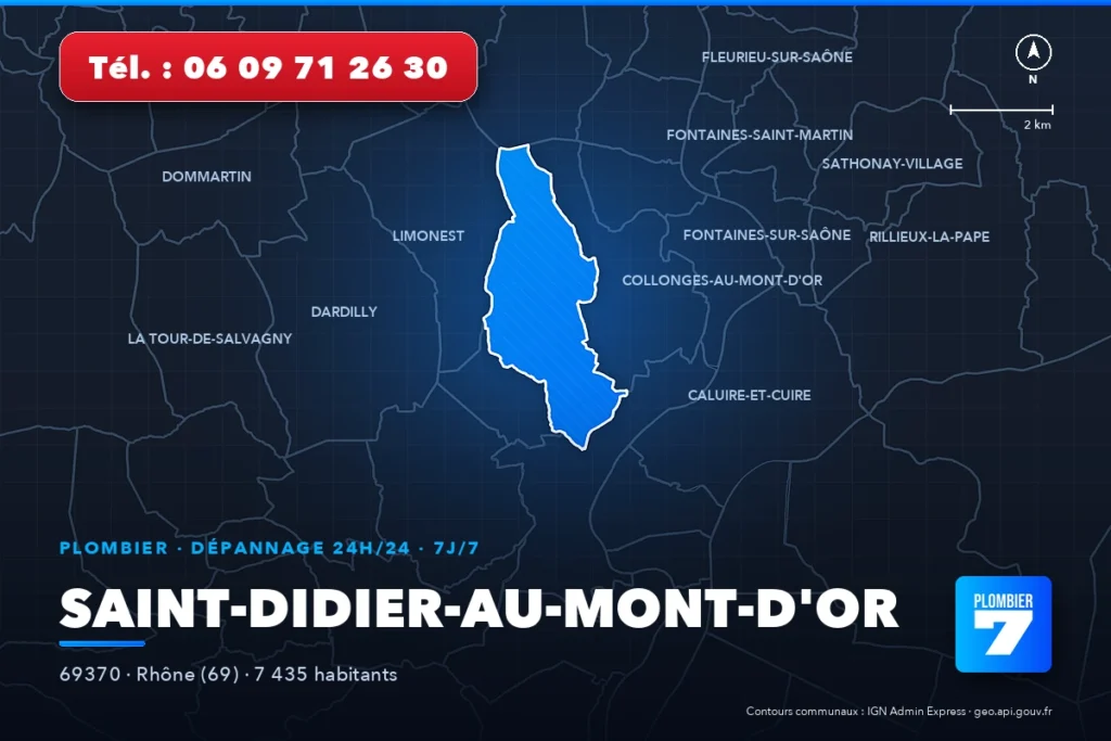 Plombier à Saint-Didier-au-Mont-d'Or (69370) — zone d'intervention de Plombier 7, dépannage 24h/24 et 7j/7