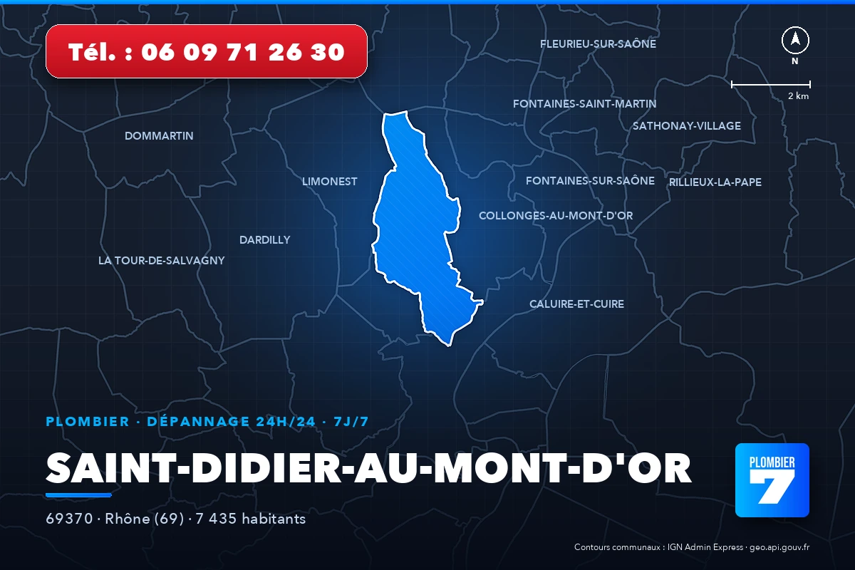 Plombier à Saint-Didier-au-Mont-d'Or (69370) — zone d'intervention de Plombier 7, dépannage 24h/24 et 7j/7