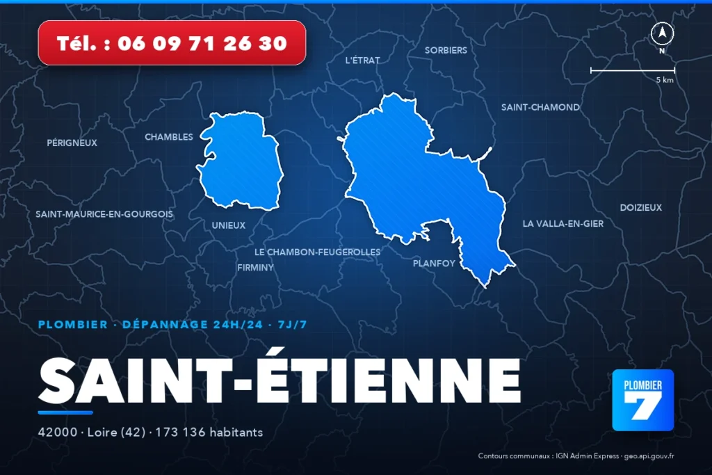 Plombier à Saint-Étienne (42000) — zone d'intervention de Plombier 7, dépannage 24h/24 et 7j/7