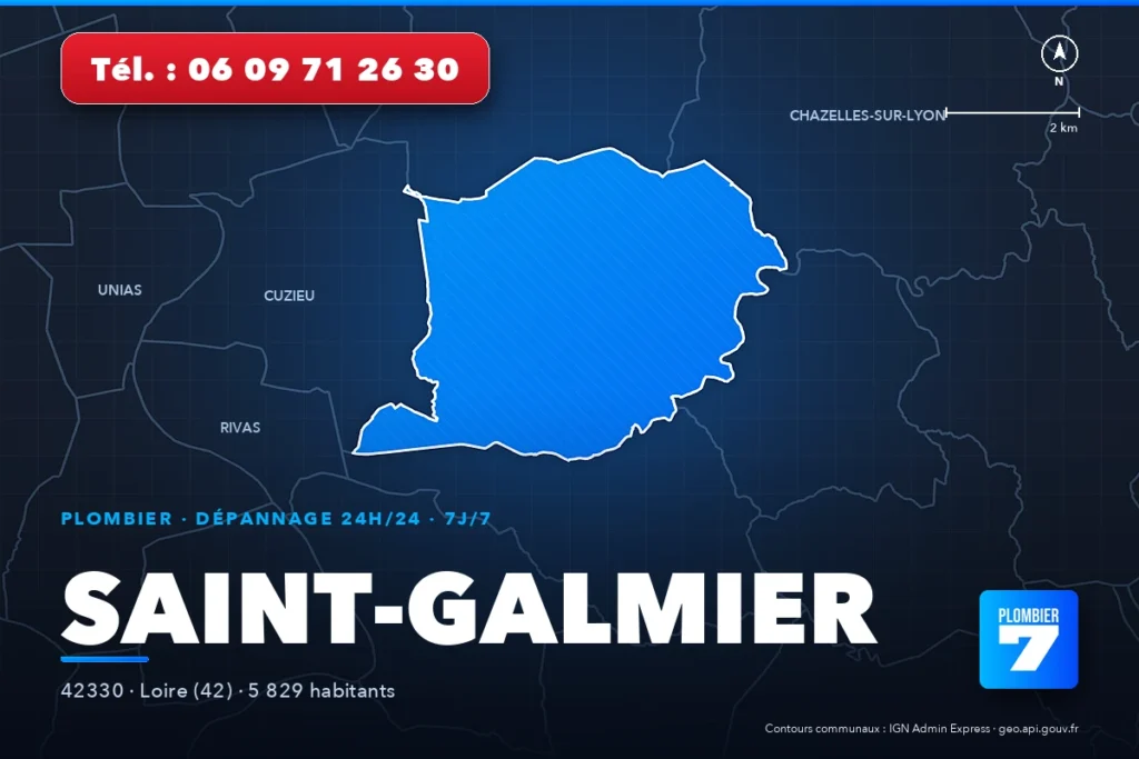 Plombier à Saint-Galmier (42330) — zone d'intervention de Plombier 7, dépannage 24h/24 et 7j/7