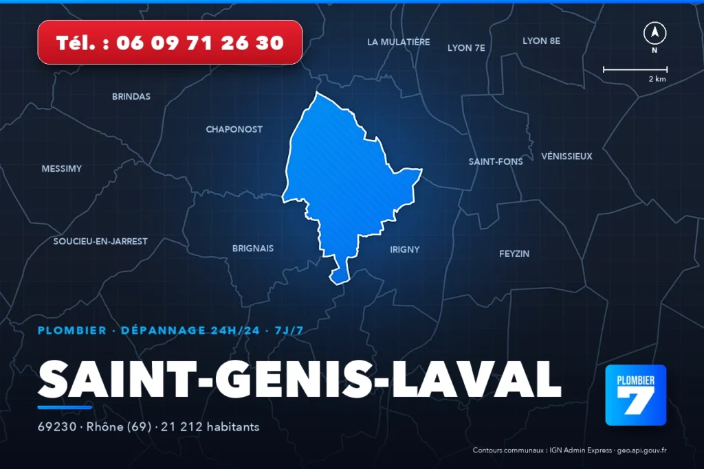 Plombier à Saint-Genis-Laval (69230) — zone d'intervention de Plombier 7, dépannage 24h/24 et 7j/7