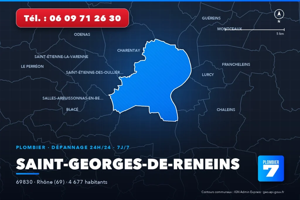 Plombier à Saint-Georges-de-Reneins (69830) — zone d'intervention de Plombier 7, dépannage 24h/24 et 7j/7