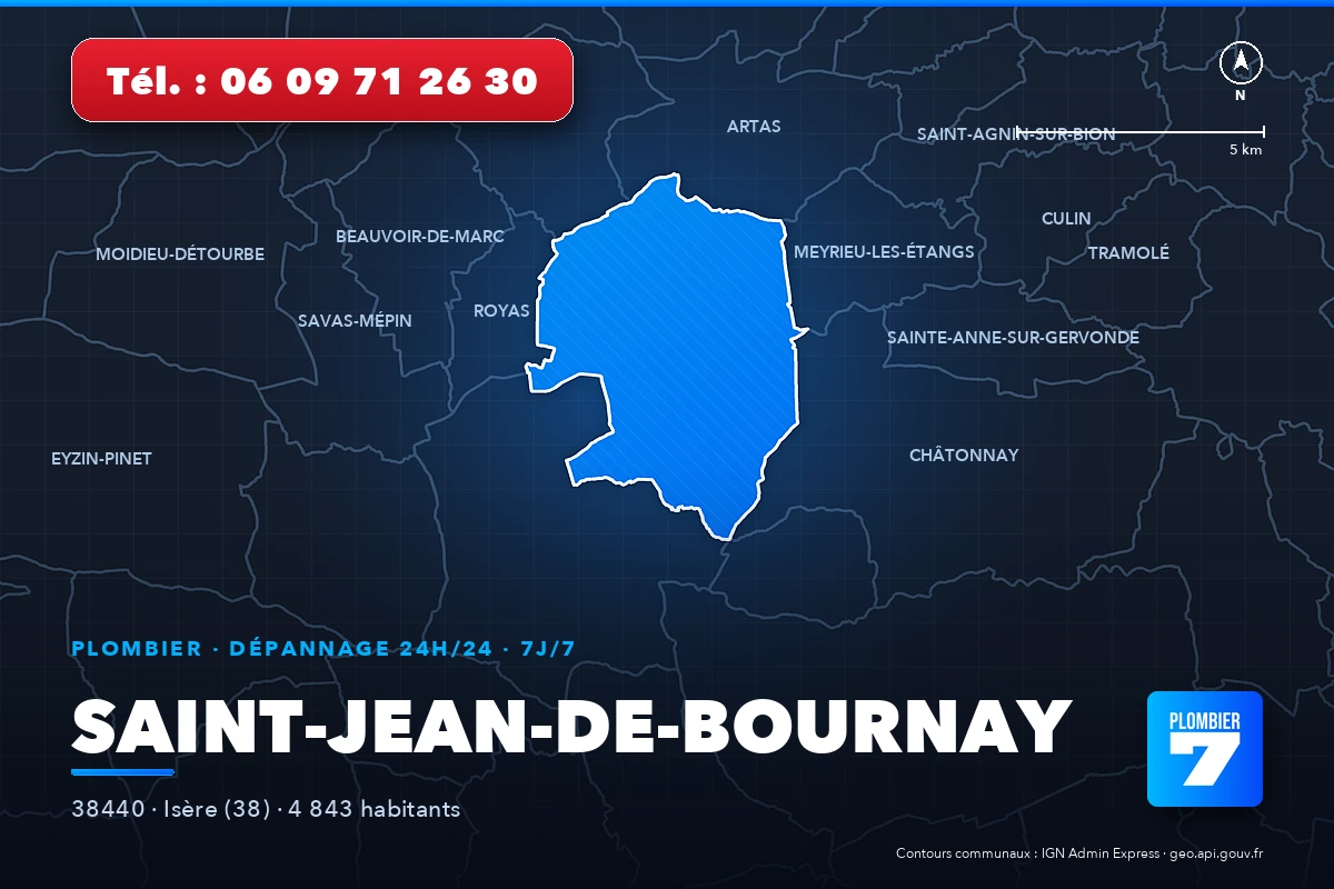 Plombier à Saint-Jean-de-Bournay (38440) — zone d'intervention de Plombier 7, dépannage 24h/24 et 7j/7